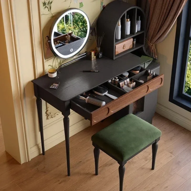 Beauty Makeup Vanity Set - Organizer Black Vanity Table Drawer Stool