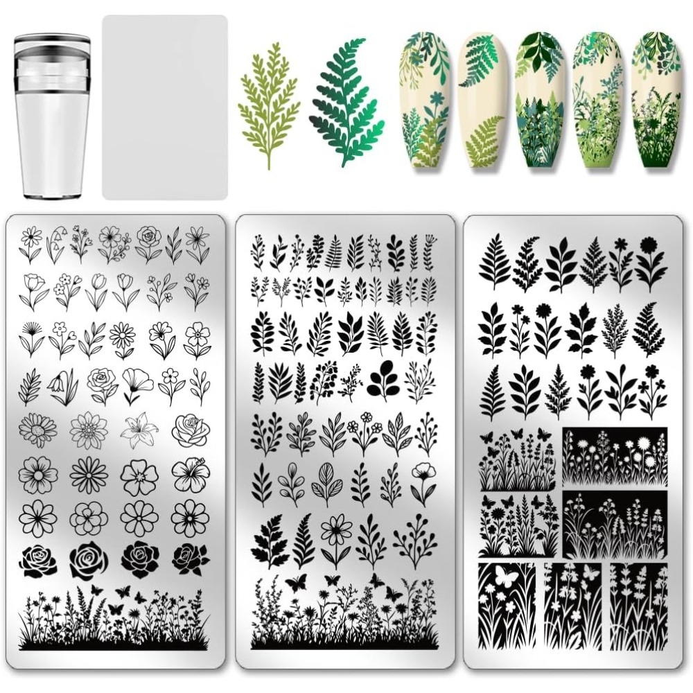 Nail Art Stamping Kit - 3pcs Flower Leaf Nail Stamping Plates